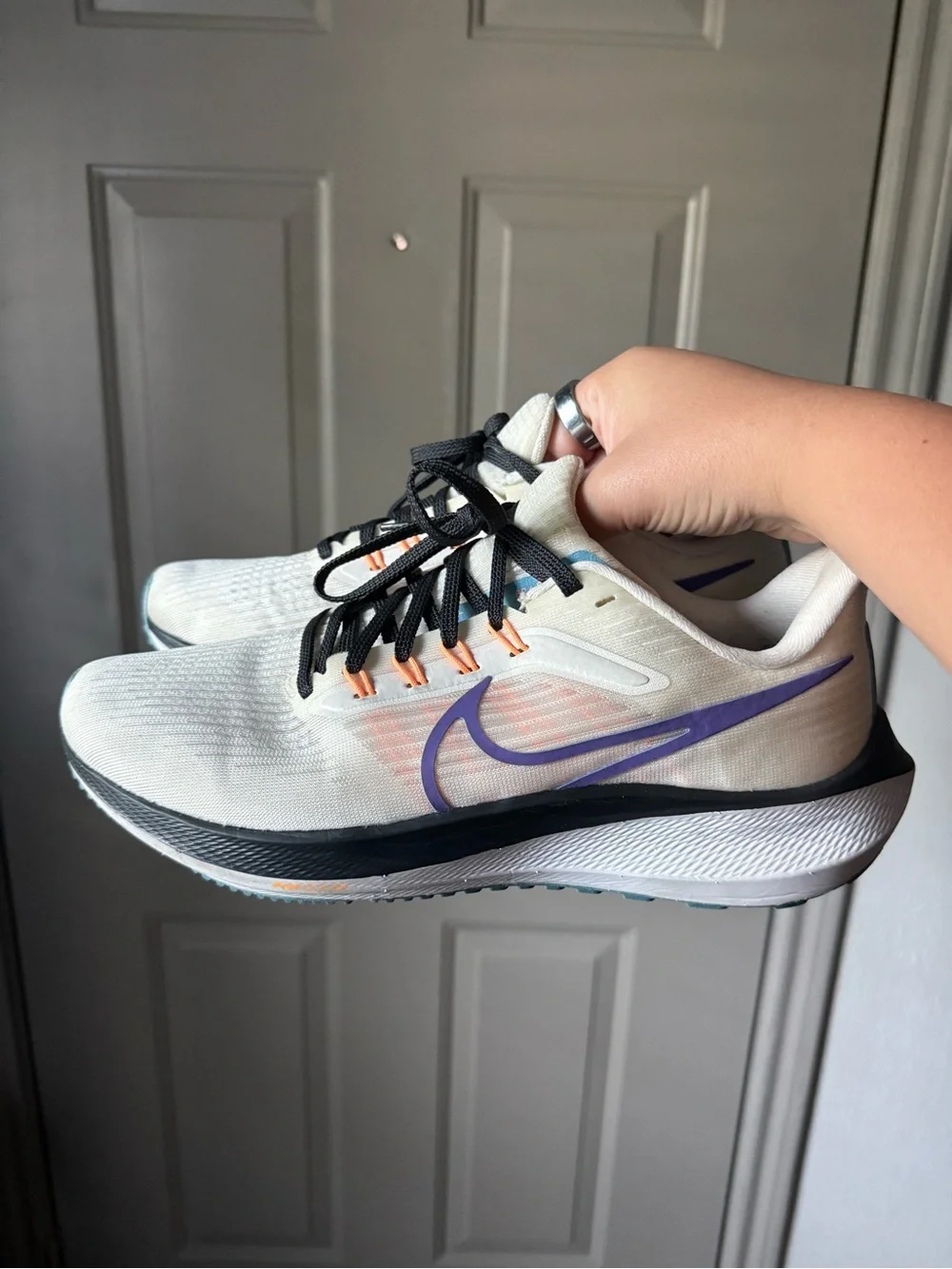 Nike Cream and Purple Swoosh Athletic Sneakers